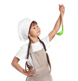Photo of Portrait of little girl in chef hat with ladle on white background