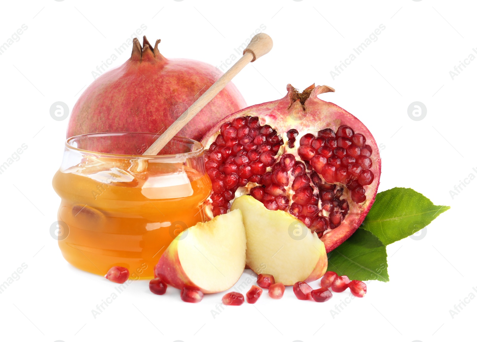 Photo of Honey, apples and pomegranate on white background. Rosh Hashanah holiday