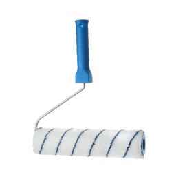 Photo of New paint roller brush on white background