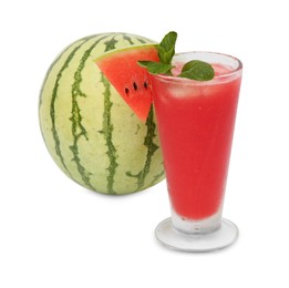 Photo of Glass of tasty watermelon drink with mint and fresh fruit isolated on white