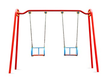 Image of Colorful swings isolated on white. Modern playground equipment