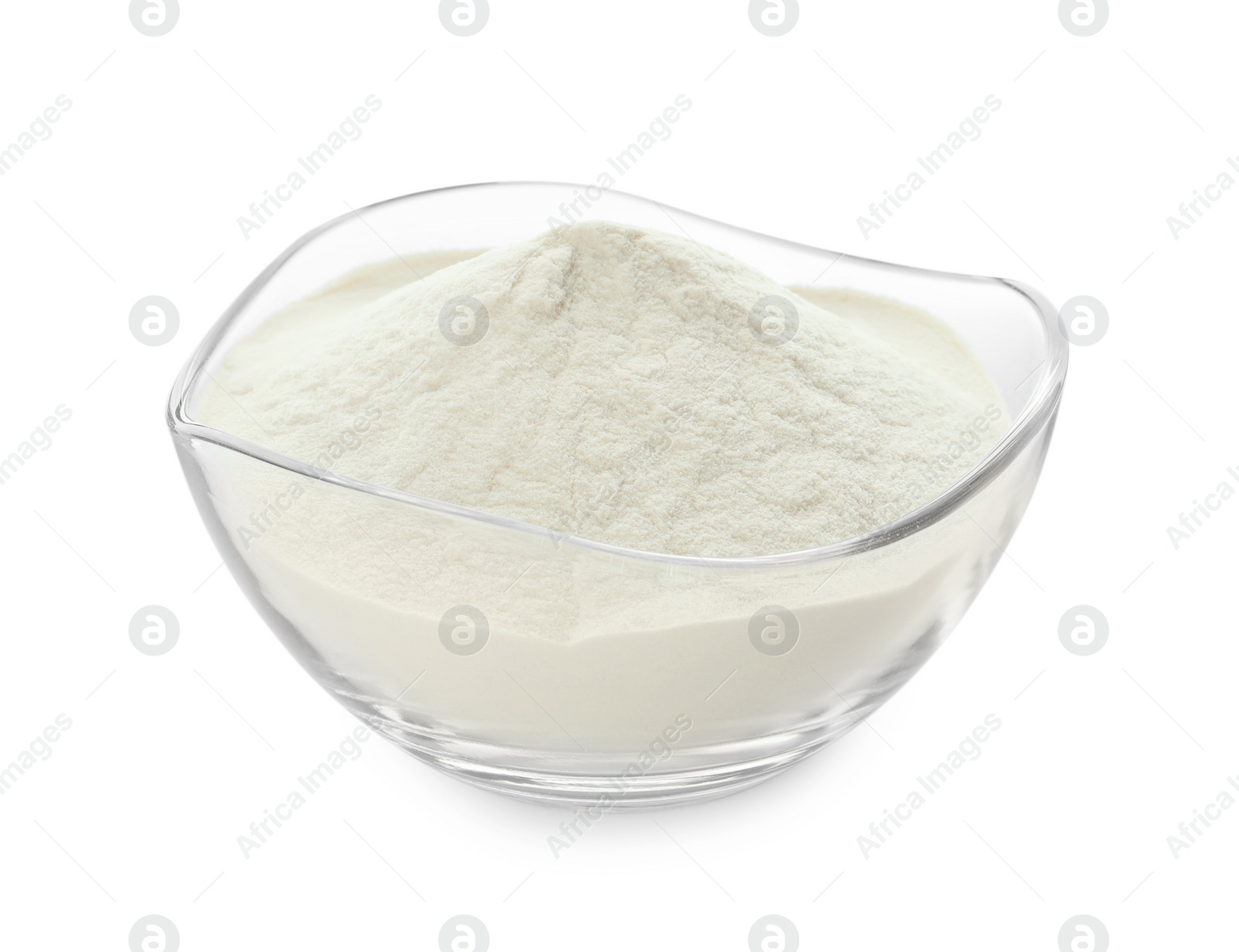 Photo of Bowl of agar-agar powder isolated on white, closeup