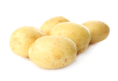 Photo of Fresh raw organic potatoes on white background