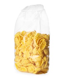 Photo of Transparent plastic pack of tasty crispy corn flakes isolated on white