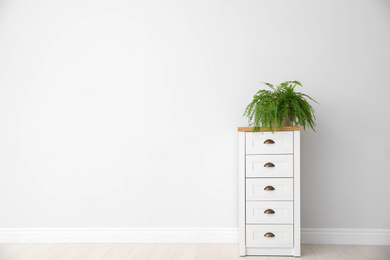 Potted fern on chest of drawers near white wall, space for text. Home plants