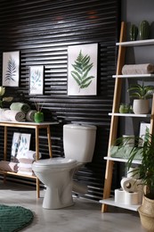 Stylish bathroom interior with toilet bowl and other essentials