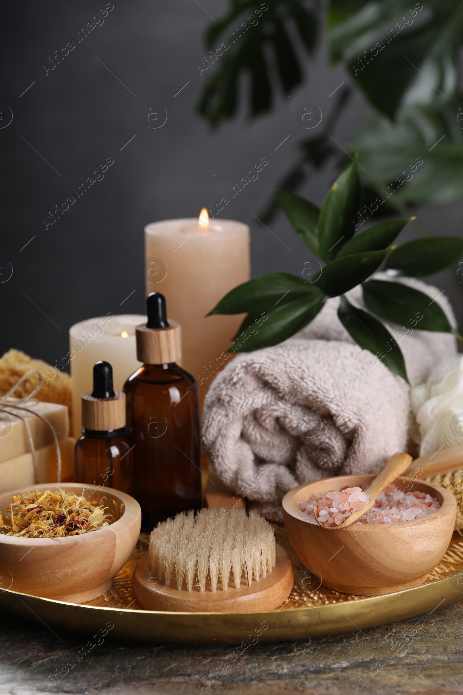 Photo of Spa composition. Brush, bottles and sea salt on grey textured table