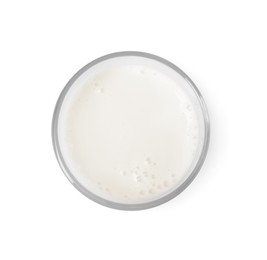 Glass of fresh milk isolated on white, top view