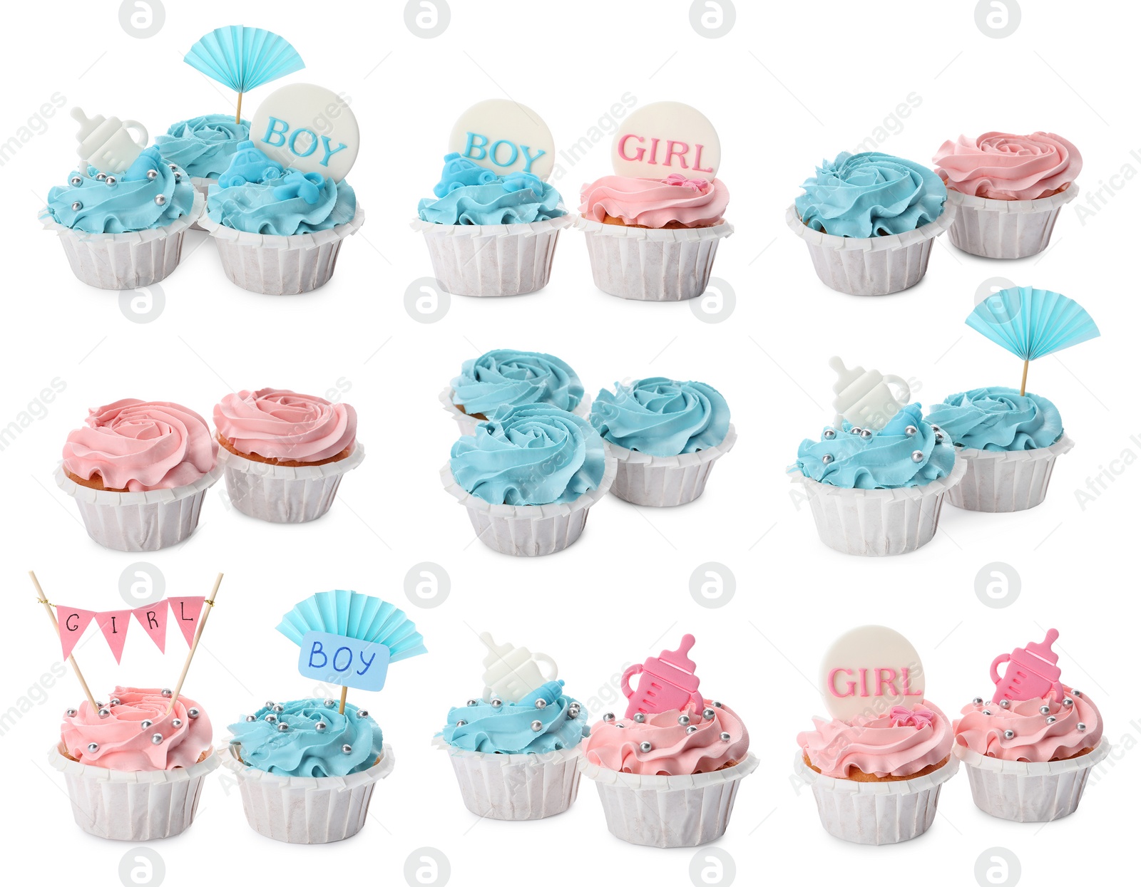 Image of Set of decorated baby shower cupcakes with blue and pink cream on white background