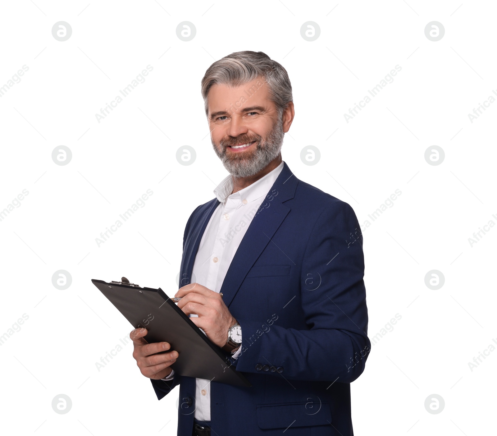 Photo of Portrait of smiling man with clipboard on white background. Lawyer, businessman, accountant or manager