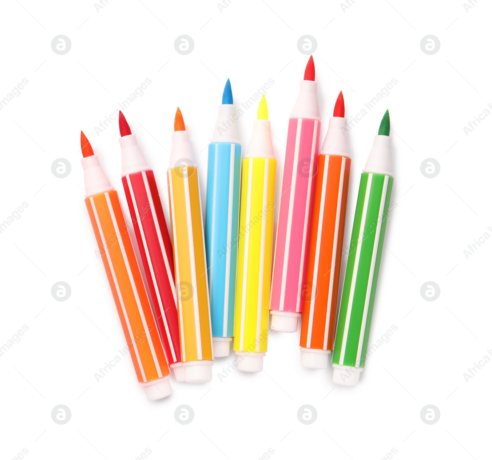 Photo of Many bright markers isolated on white, top view