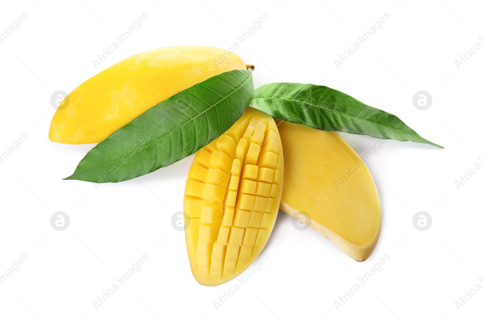 Photo of Fresh juicy mango and leaves isolated on white