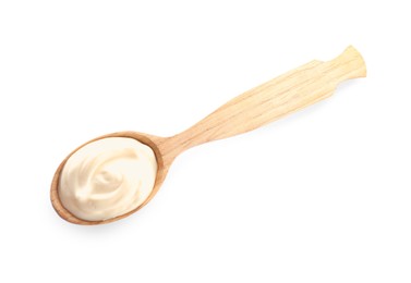 Photo of Wooden spoon with tasty mayonnaise isolated on white, top view