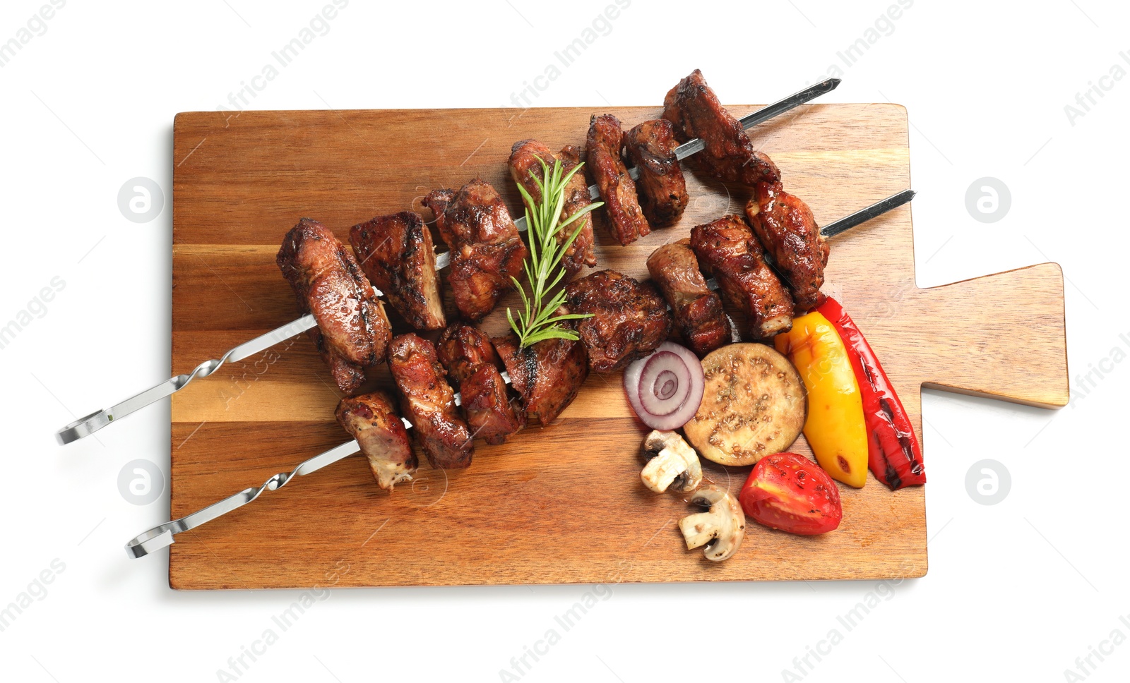 Photo of Metal skewers with delicious shish kebabs, rosemary and vegetables isolated on white, top view