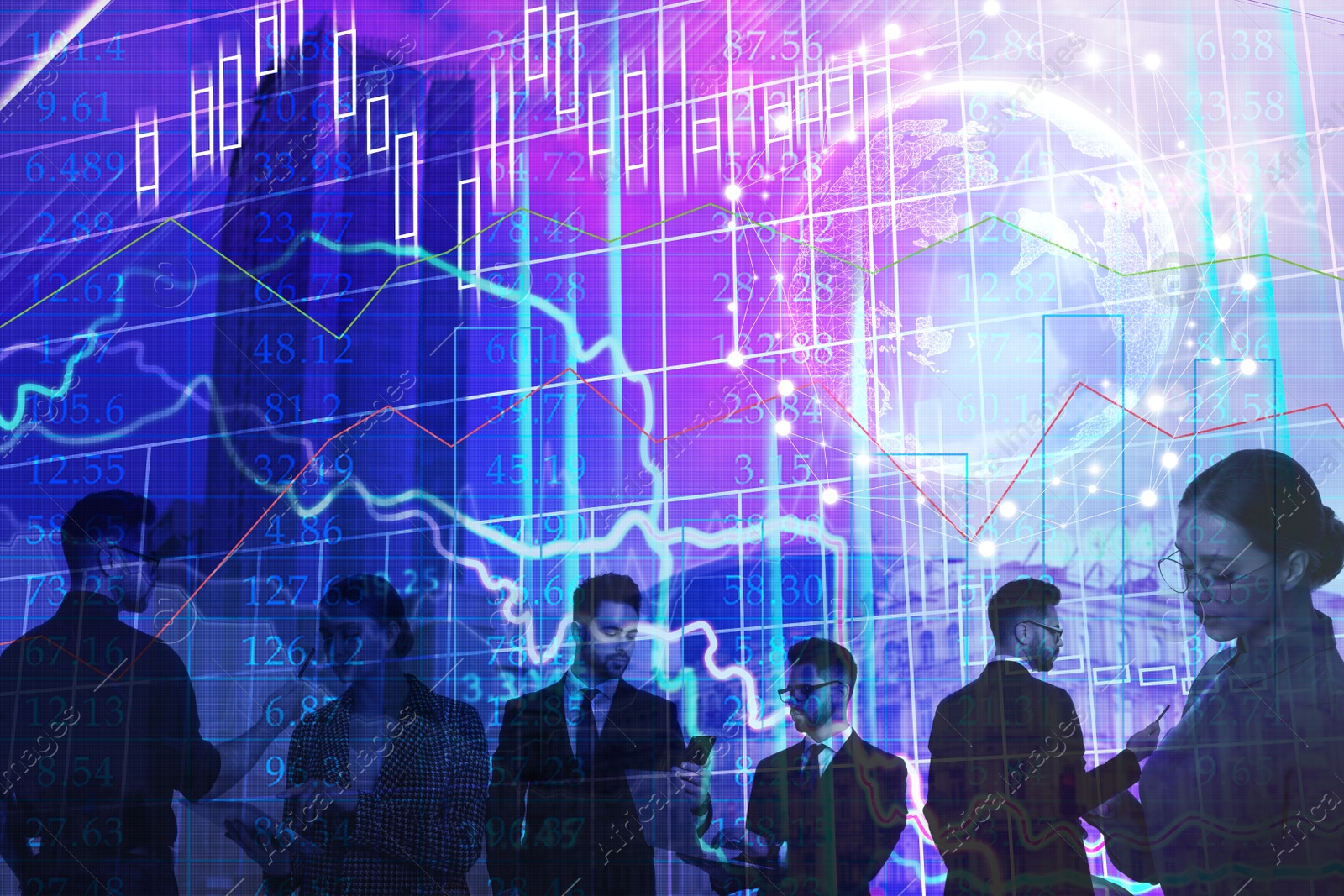 Image of Multiple exposure of scheme, cityscape and businesspeople. Fintech concept