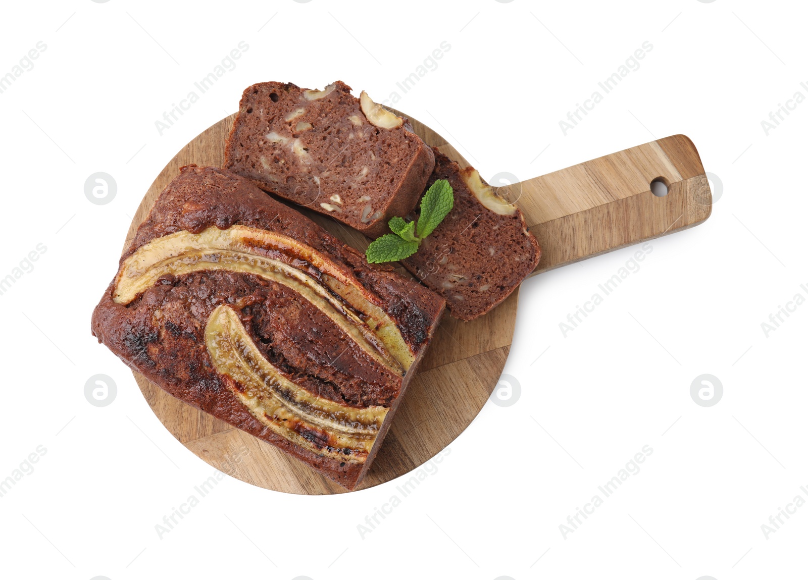 Photo of Delicious banana bread isolated on white, top view