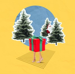 Christmas art collage. Gift box with legs and Santa Claus playing hide-and-seek among fir trees on color background