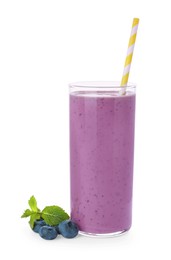 Photo of Glass of blueberry smoothie with fresh berries and mint on white background