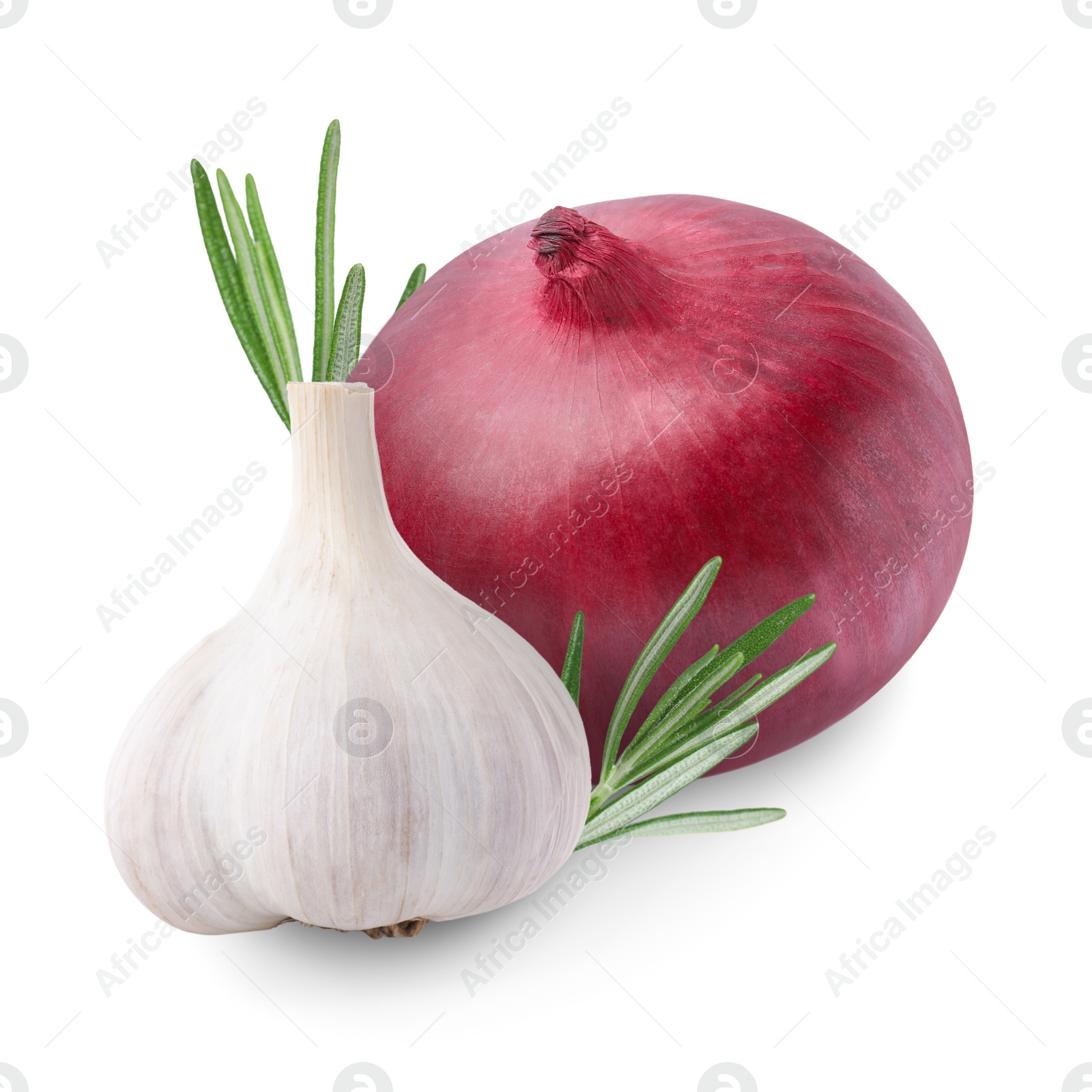 Image of Garlic, red onion and rosemary isolated on white