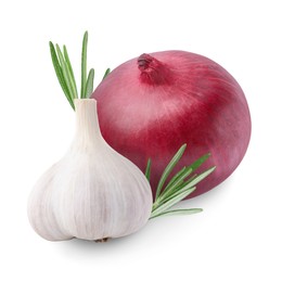 Image of Garlic, red onion and rosemary isolated on white