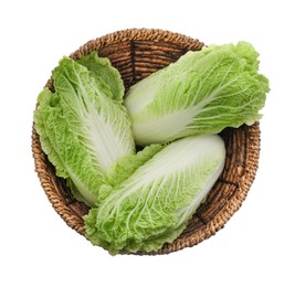 Photo of Fresh tasty Chinese cabbages in wicker basket on white background, top view