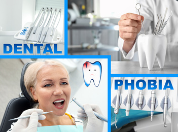 Image of Dental phobia concept. Collage with photos of patient and doctor