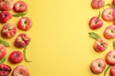Photo of Fresh donut peaches on yellow background, flat lay. Space for text