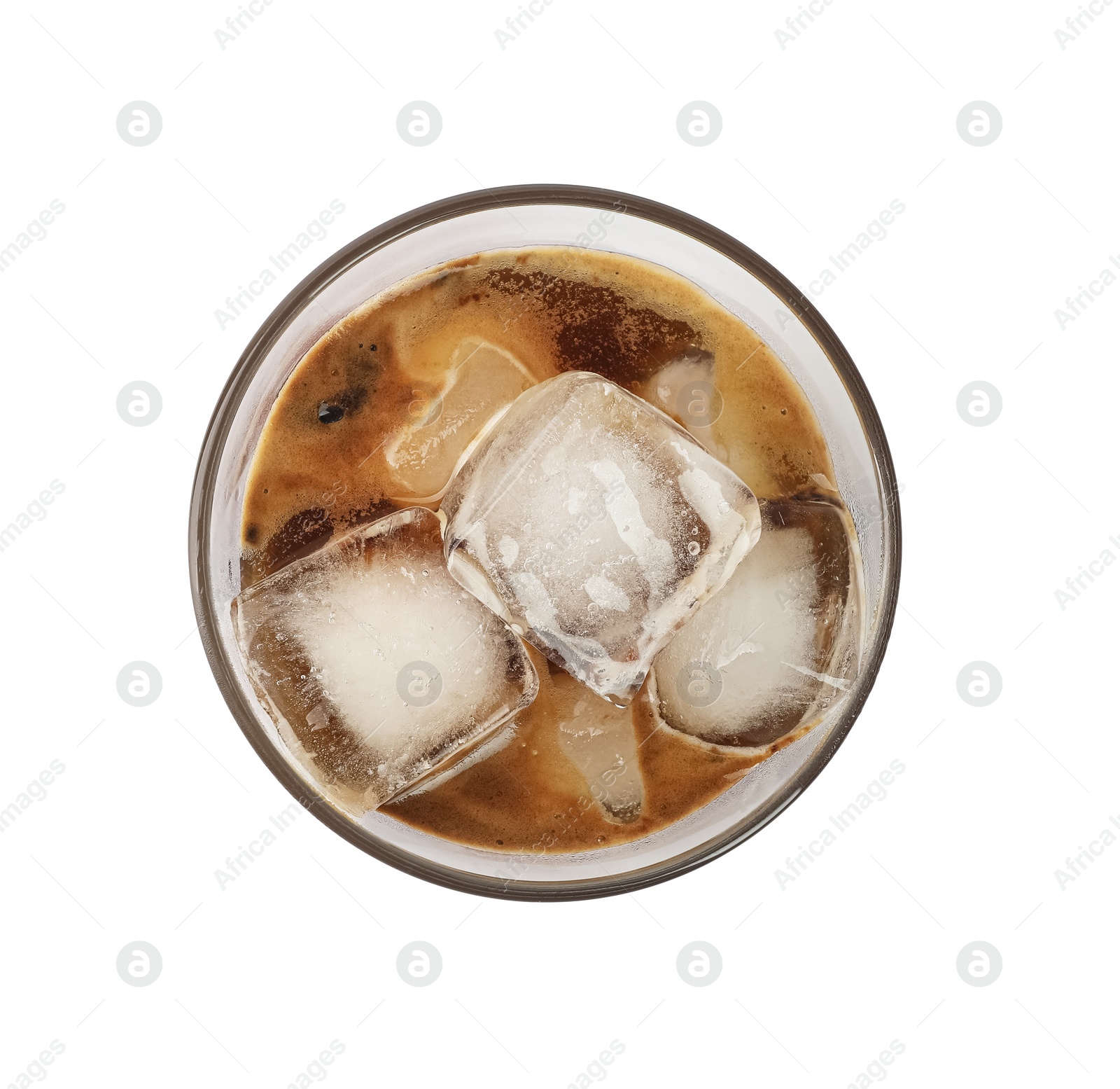 Photo of Iced coffee in glass isolated on white, top view