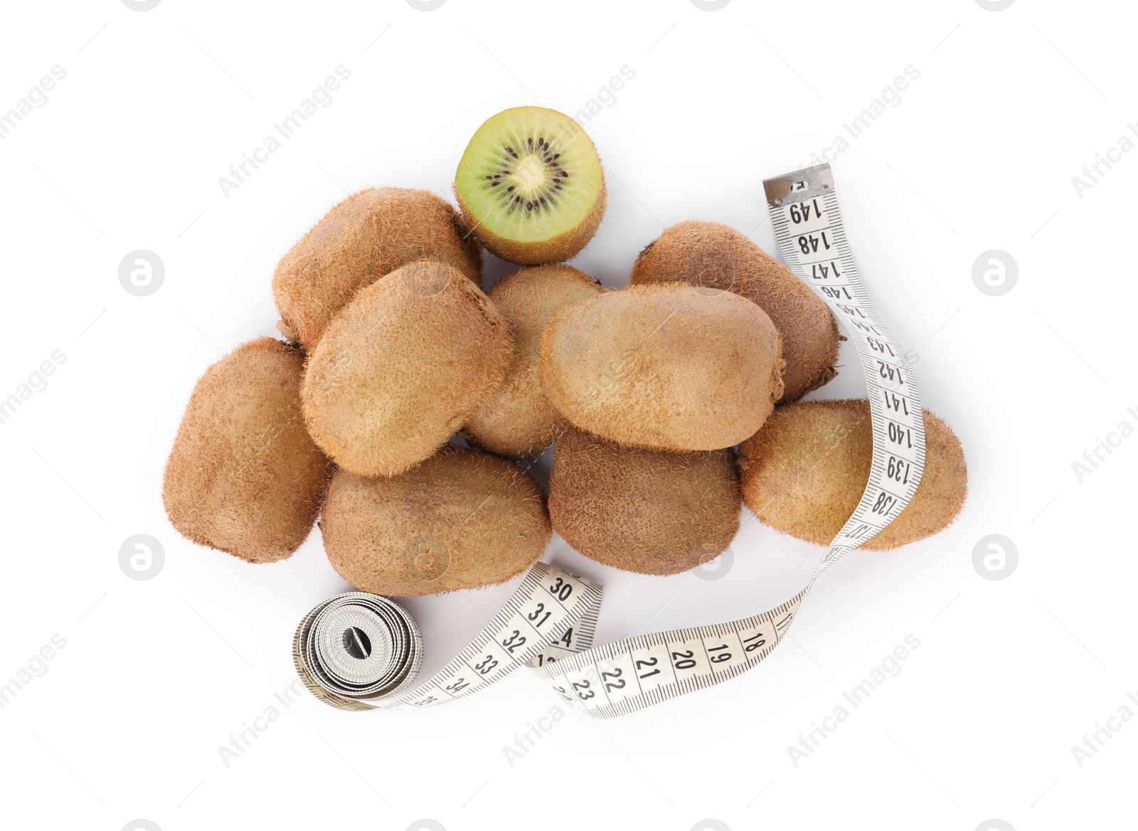 Photo of Healthy diet. Many fresh kiwis and measuring tape isolated on white, top view