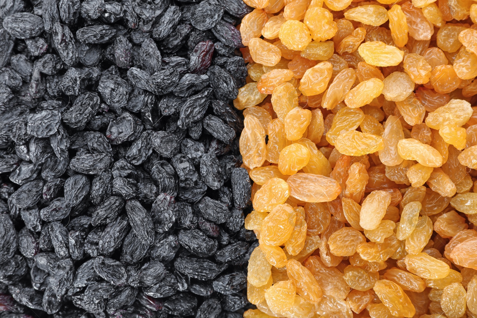 Photo of Different raisins as background, top view. Healthy dried fruit