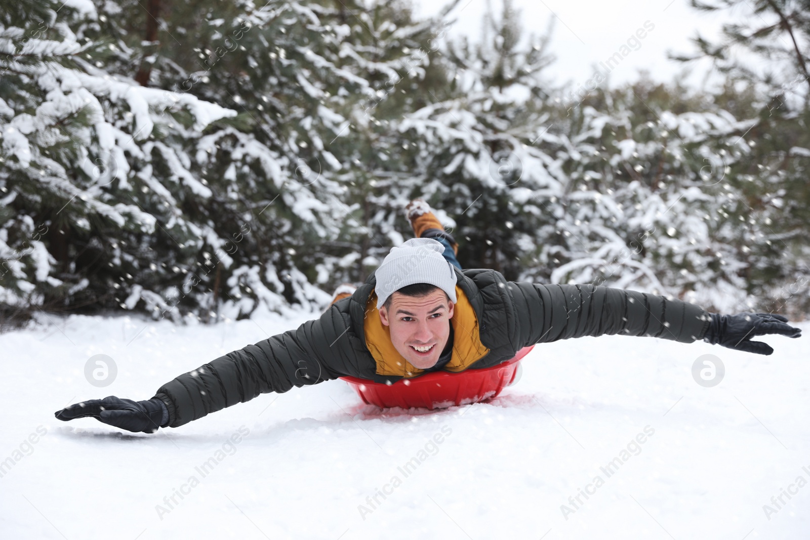 Photo of Happy man sledding outdoors on winter day. Christmas vacation