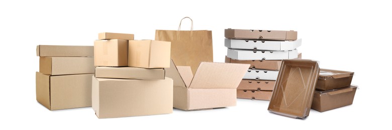 Image of Set with different cardboard boxes and paper bag on white background. Banner design