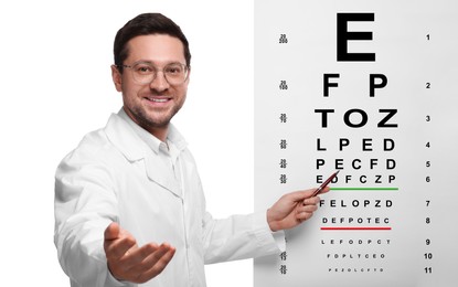 Ophthalmologist pointing at vision test chart on white background