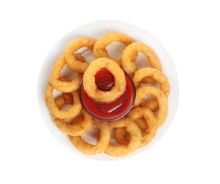 Photo of Delicious golden onion rings with ketchup isolated on white, top view