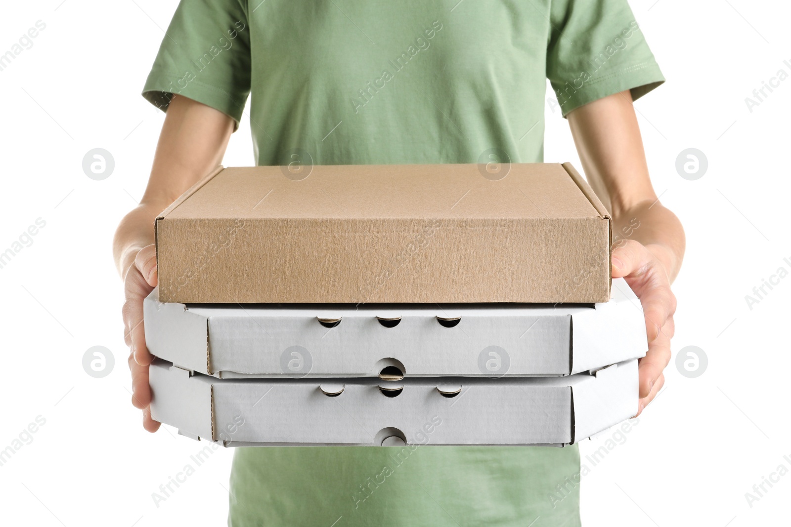 Photo of Woman holding cardboard pizza boxes on white background