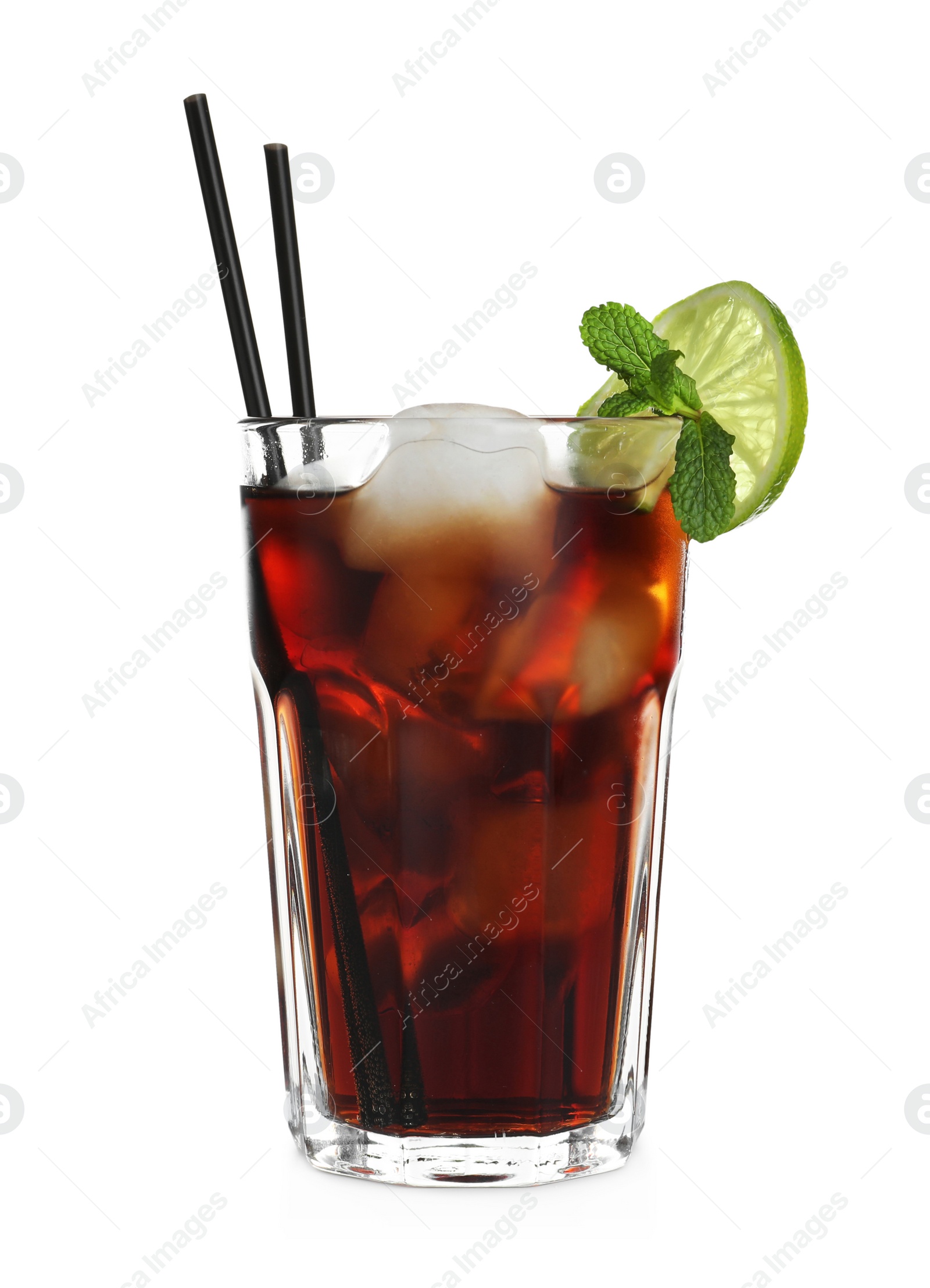 Photo of Glass of Rum and Cola cocktail on white background. Traditional alcoholic drink