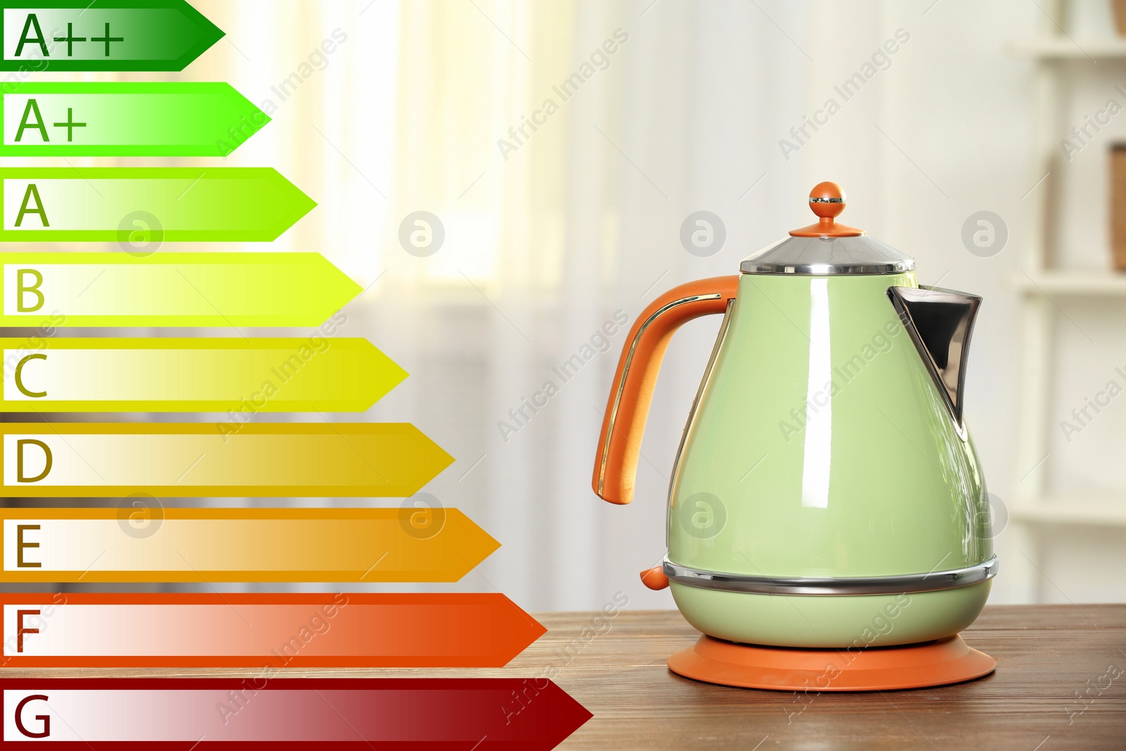 Image of Energy efficiency rating label and electric kettle indoors