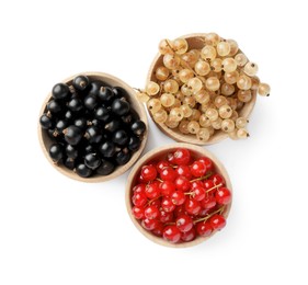 Photo of Fresh red, white and black currants in bowls isolated on white, top view