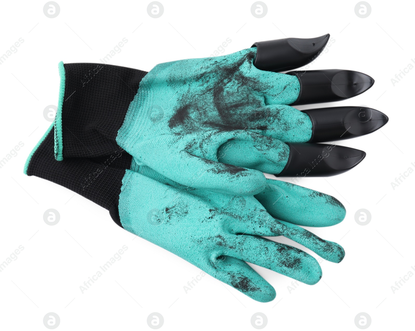 Photo of Pair of claw gardening gloves isolated on white, top view