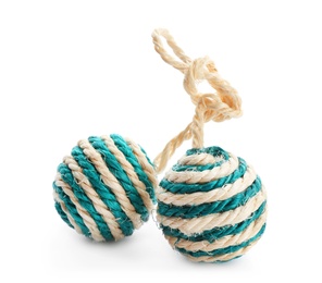 Photo of Balls for cat on white background. Pet toys