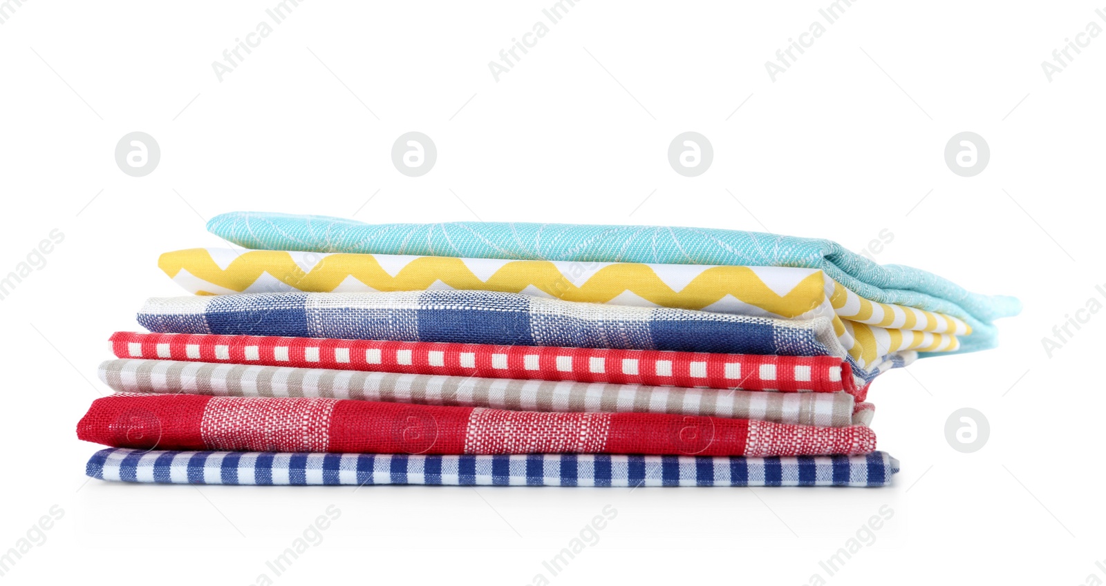 Photo of Stack of clean kitchen towels isolated on white