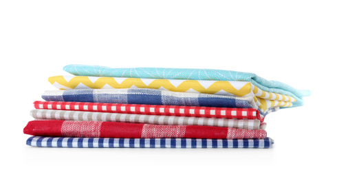 Stack of clean kitchen towels isolated on white