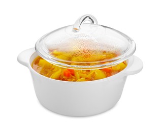 Photo of Pot of delicious sauerkraut soup with potatoes and carrot isolated on white