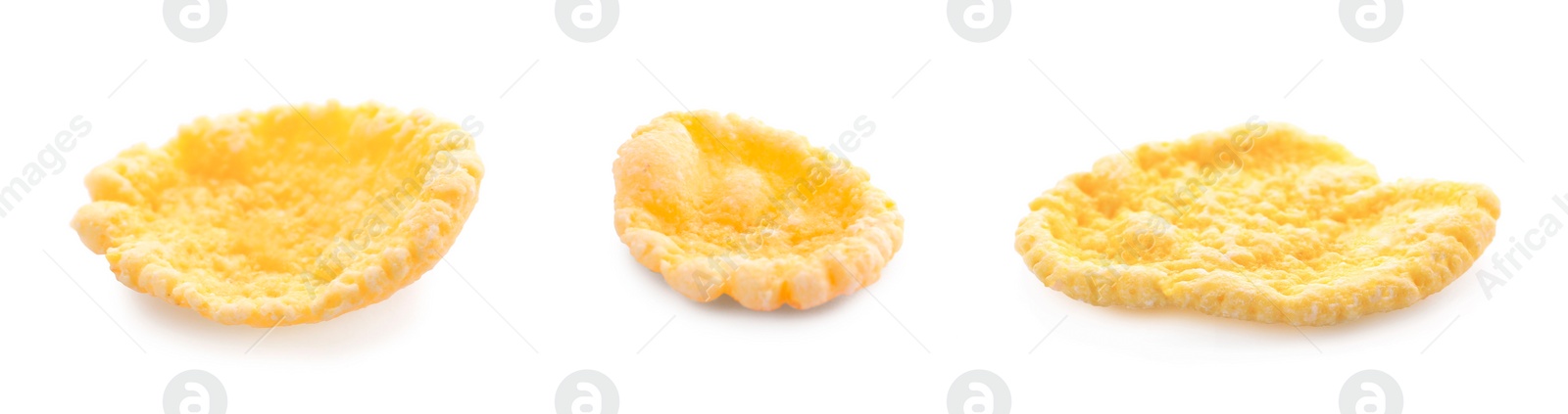 Image of Collage with tasty corn flakes on white background