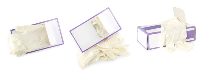 Image of Set of medical gloves on white background. Banner design