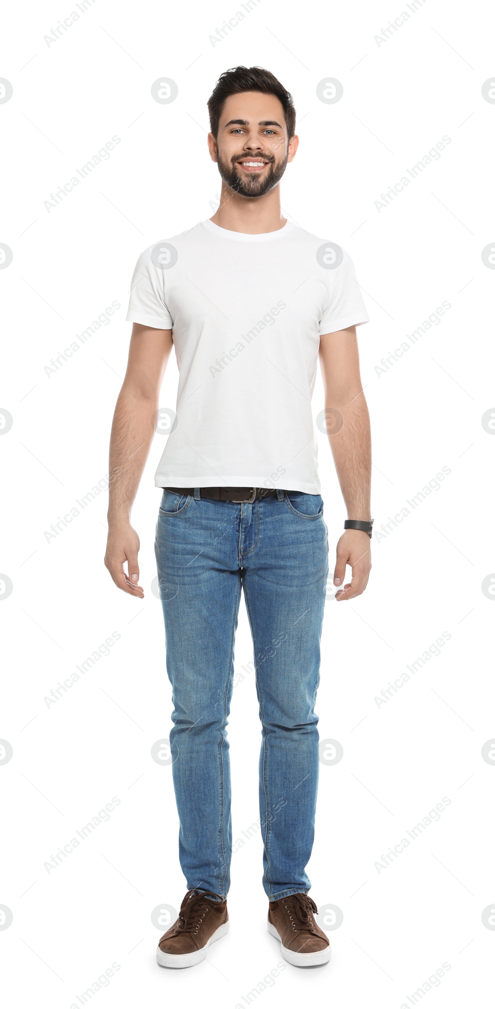 Photo of Young man in t-shirt on white background. Mock up for design