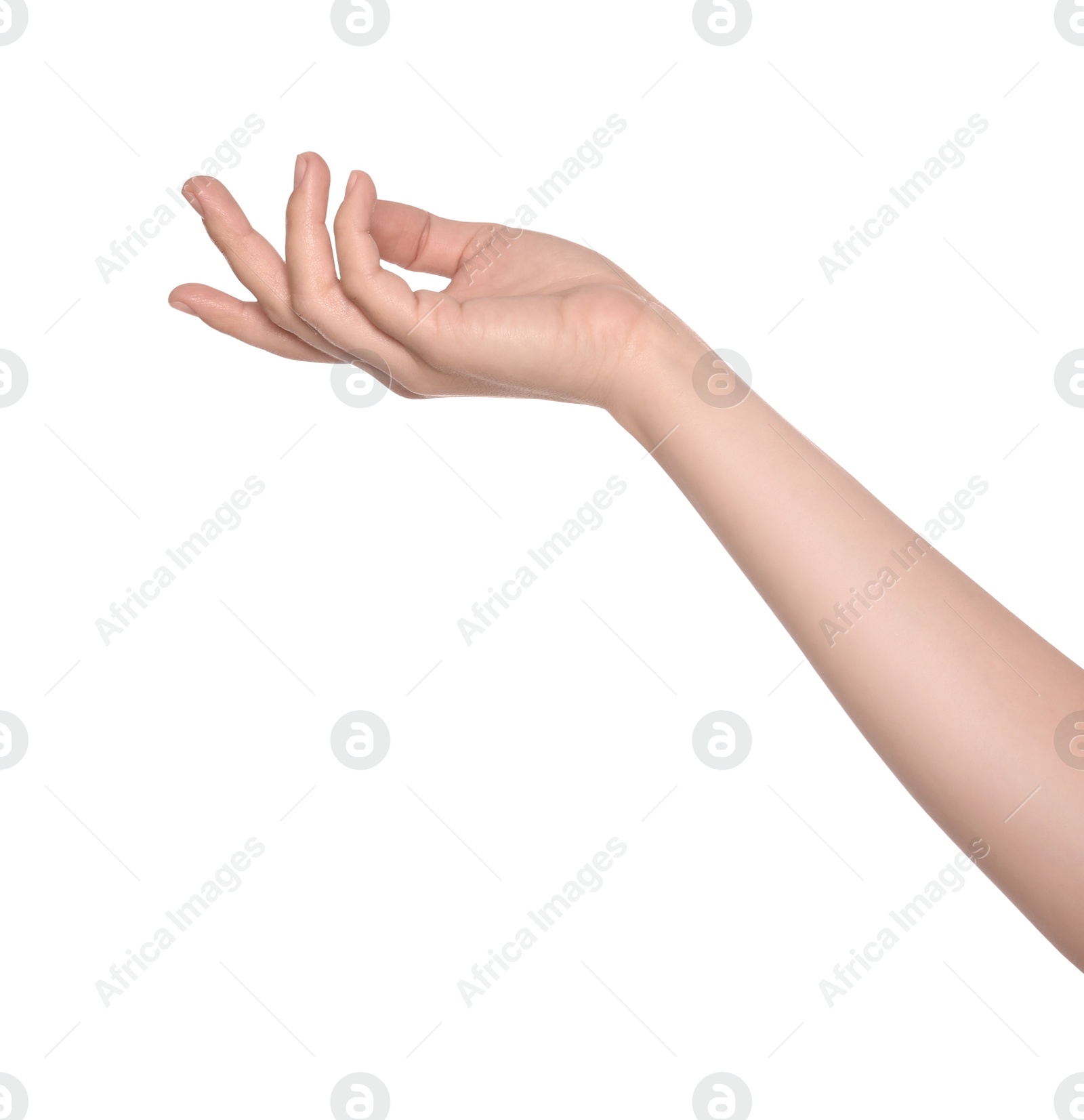 Photo of Woman against white background, closeup on hand