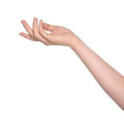 Photo of Woman against white background, closeup on hand