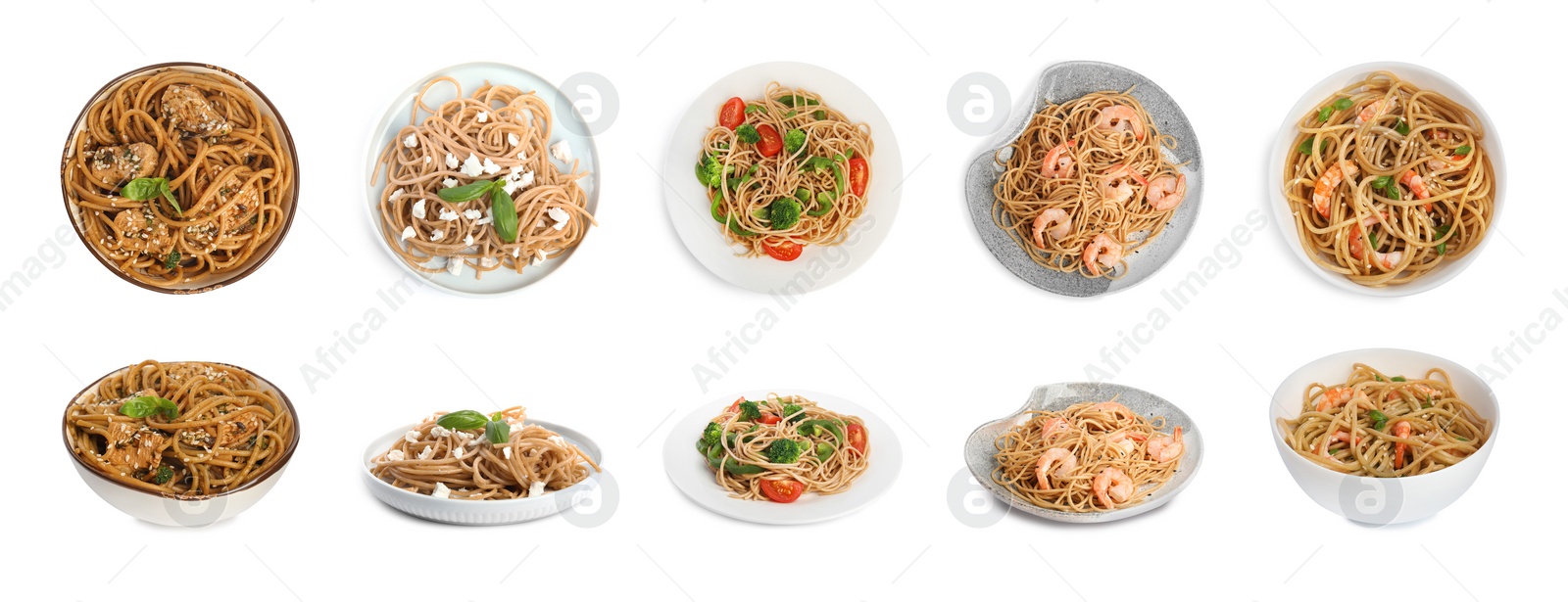 Image of Set of buckwheat noodles with different ingredients on white background. Banner design