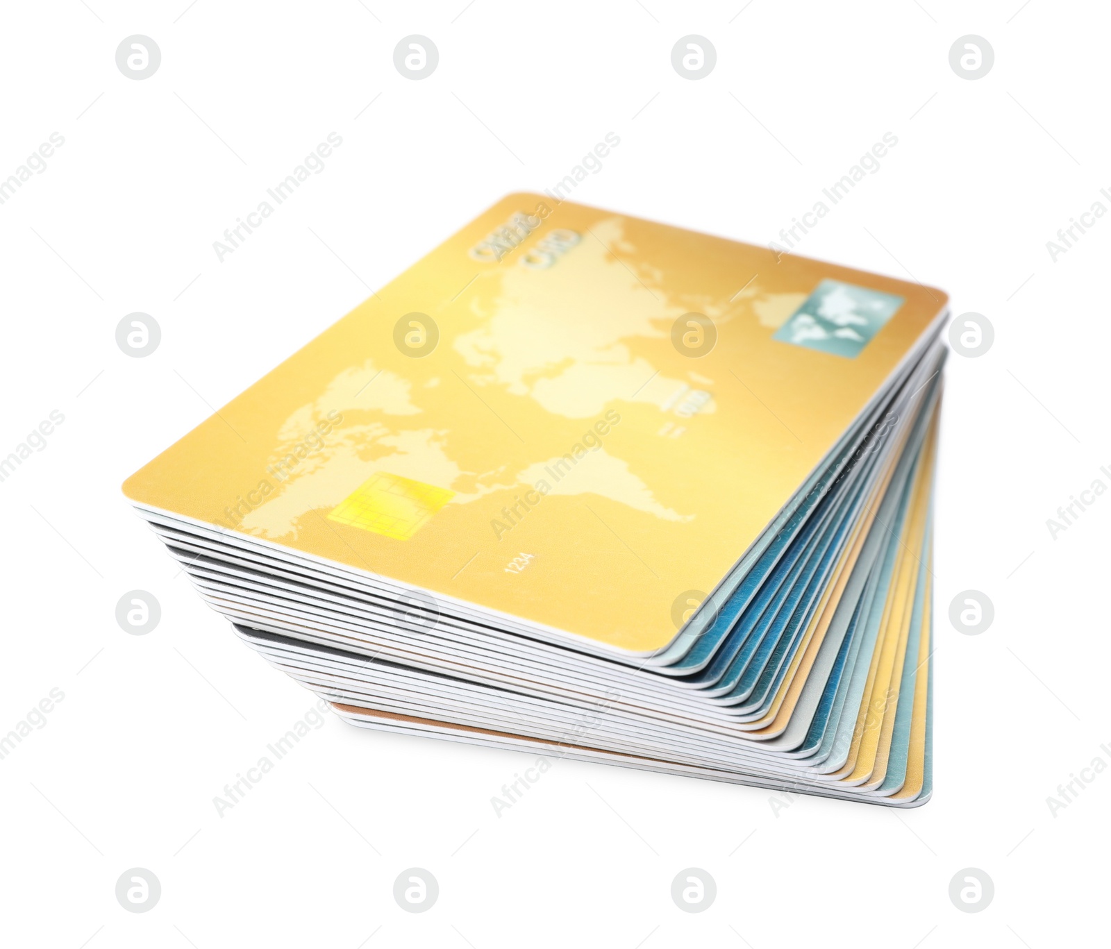 Photo of Stack of plastic credit cards on white background